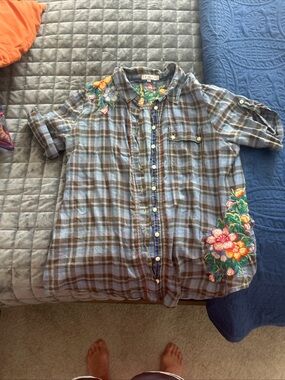 Johnny WAS 3J Clothing Blue and Brown Plaid Embroidered Button-Down  embroidery
